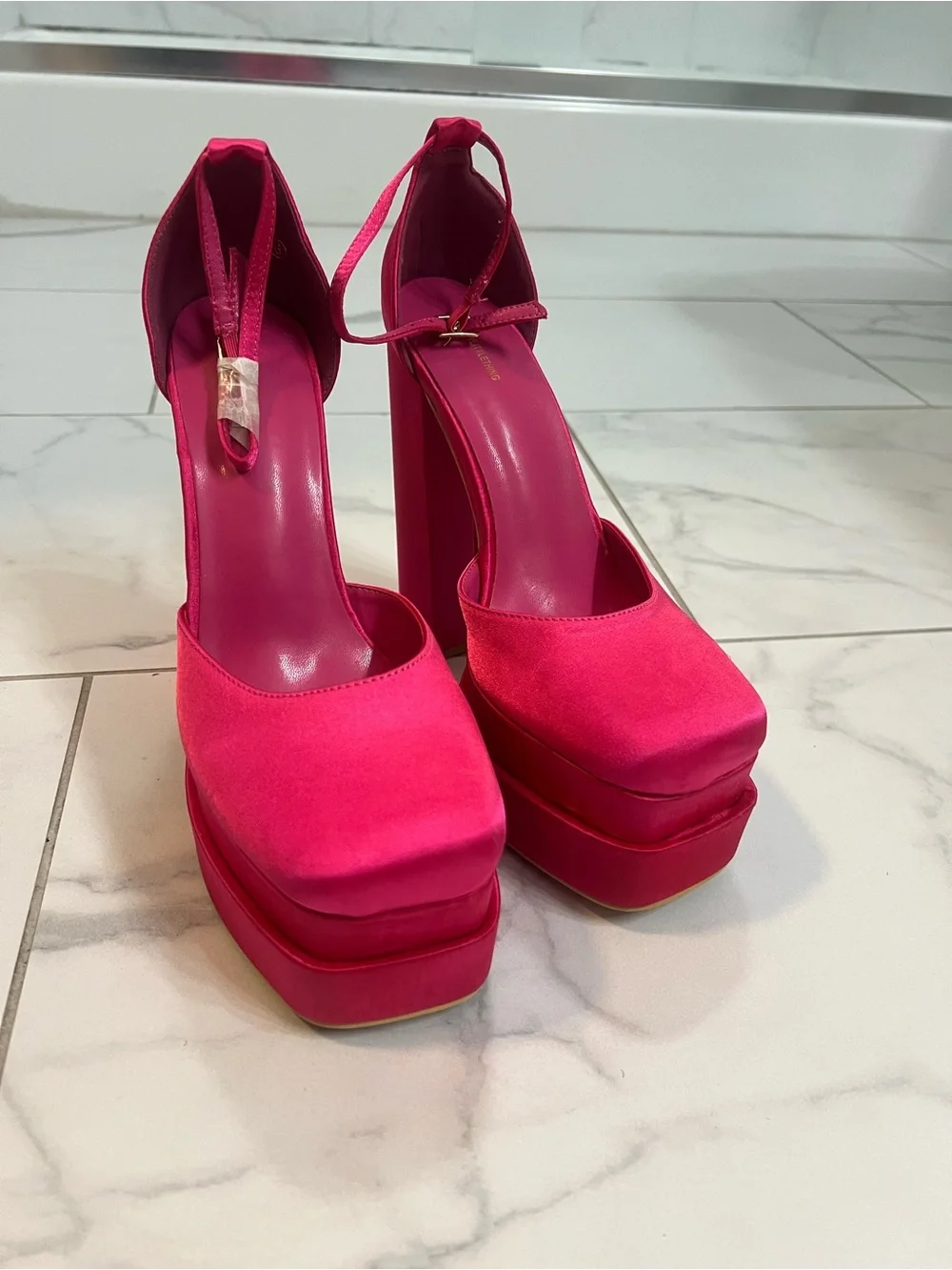 PrettyLittleThing Neon Pink Platform Block Heel Pumps with Ankle Tie
